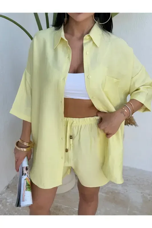 Women's Oversize Shirt Shorts Set-Yellow - 3