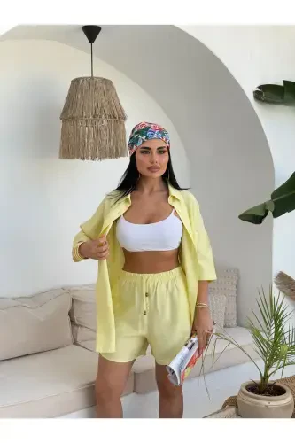 Women's Oversize Shirt Shorts Set-Yellow - 4
