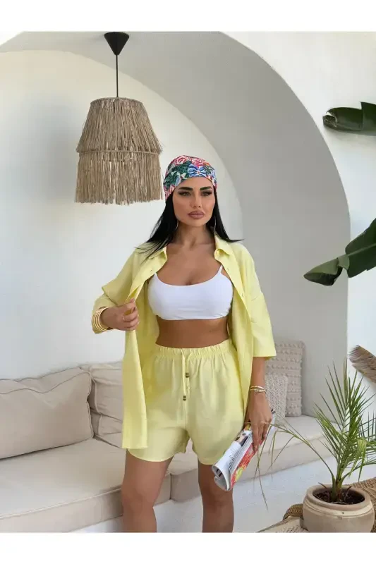 Women's Oversize Shirt Shorts Set-Yellow - 4