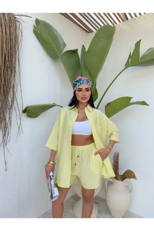 Women's Oversize Shirt Shorts Set-Yellow - LB LALUNA BUTIK