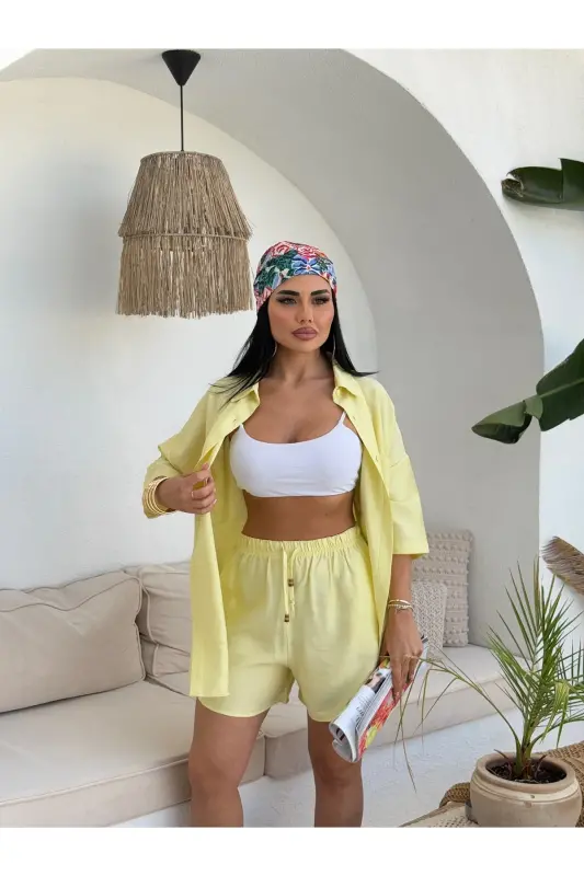 Women's Oversize Shirt Shorts Set-Yellow - 4