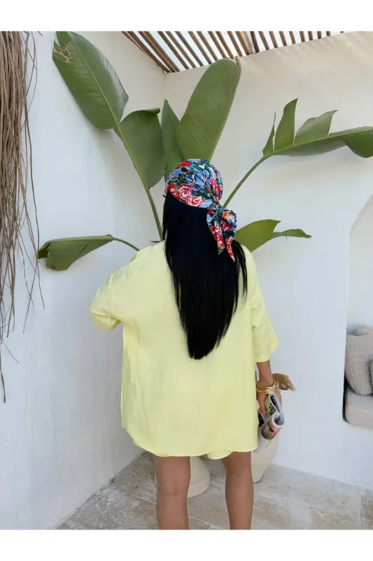 Women's Oversize Shirt Shorts Set-Yellow - 6