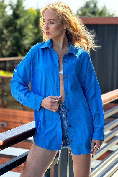 Women's Oversized Linen Shirt with Blue Pattern ALC-X11288 - TREND ALAÇATI STILI