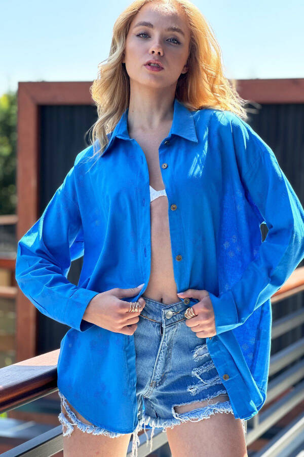 Women's Oversized Linen Shirt with Blue Pattern ALC-X11288 - 2