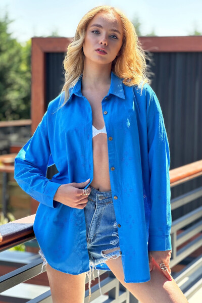 Women's Oversized Linen Shirt with Blue Pattern ALC-X11288 - 4