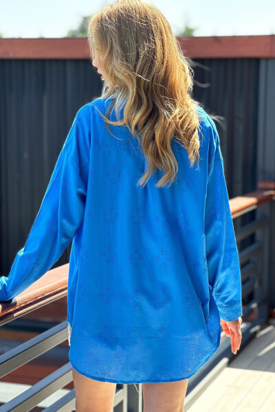 Women's Oversized Linen Shirt with Blue Pattern ALC-X11288 - 5
