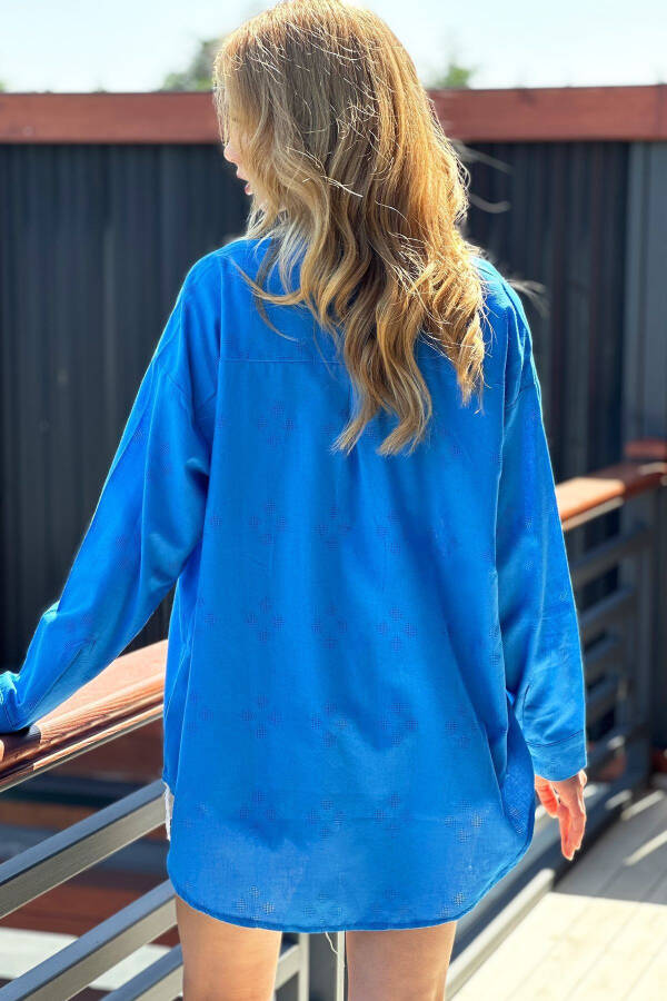 Women's Oversized Linen Shirt with Blue Pattern ALC-X11288 - 5