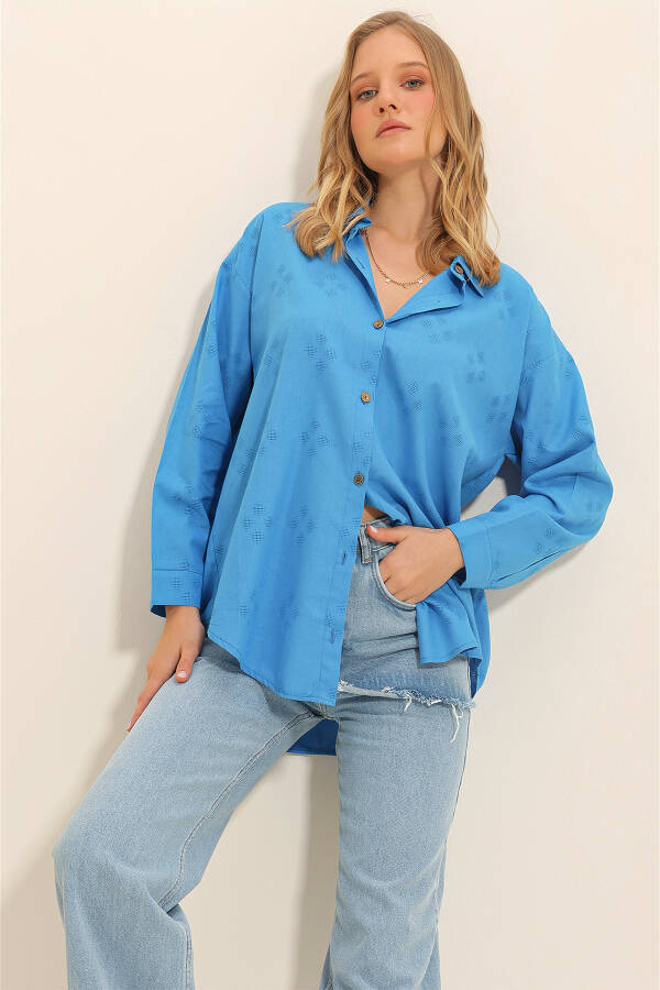 Women's Oversized Linen Shirt with Blue Pattern ALC-X11288 - 6