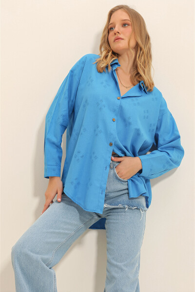 Women's Oversized Linen Shirt with Blue Pattern ALC-X11288 - 7