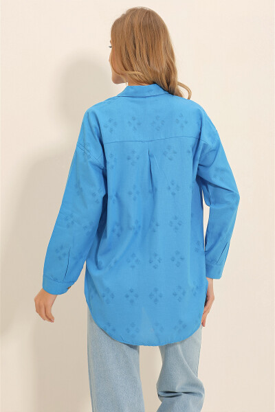 Women's Oversized Linen Shirt with Blue Pattern ALC-X11288 - 9