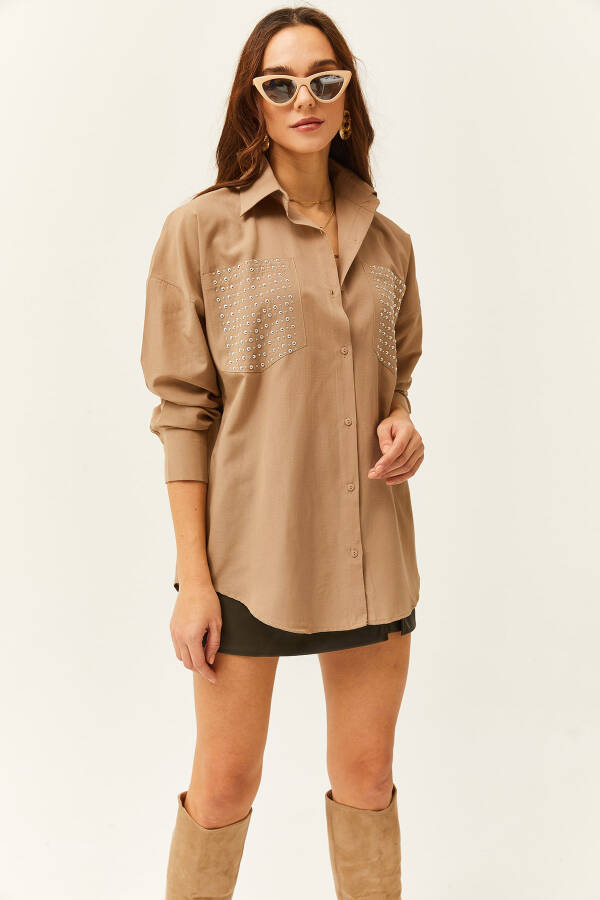 Women's Oversized Shirt with Vison Pocket and Staple Detail GML-19001167 - 2