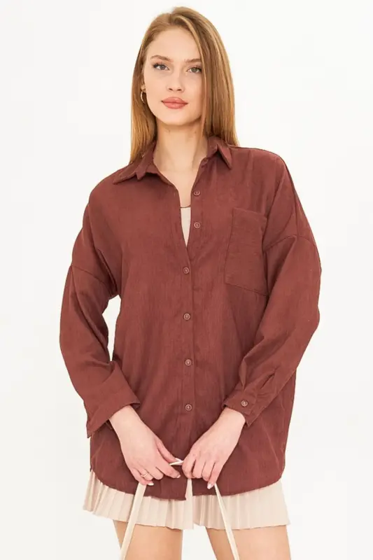 Women's Oversized Velvet Knitted Coffee Pocket Blouse - 4