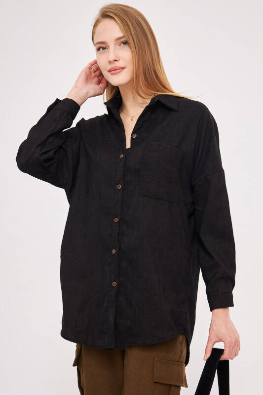 Women's Oversized Velvet Thin Corduroy Top with Black Pocket - 1