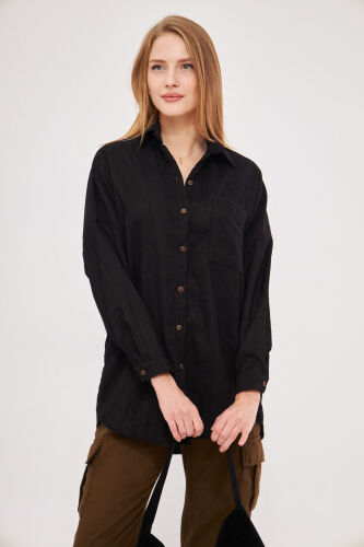 Women's Oversized Velvet Thin Corduroy Top with Black Pocket - 2