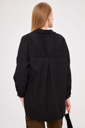 Women's Oversized Velvet Thin Corduroy Top with Black Pocket - 4