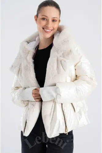Women's Padded Jacket - Puffer Jacket Winter Furry Jacket Hooded Winter Jacket-Cream White Padded Jacket Fur Hooded - LEBENI (1)