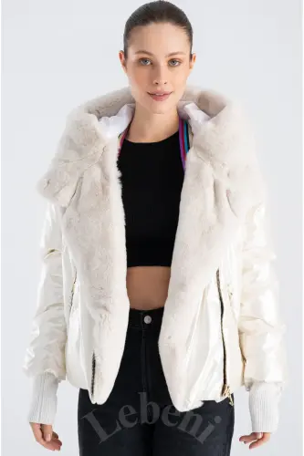 Women's Padded Jacket - Puffer Jacket Winter Furry Jacket Hooded Winter Jacket-Cream White Padded Jacket Fur Hooded - 3