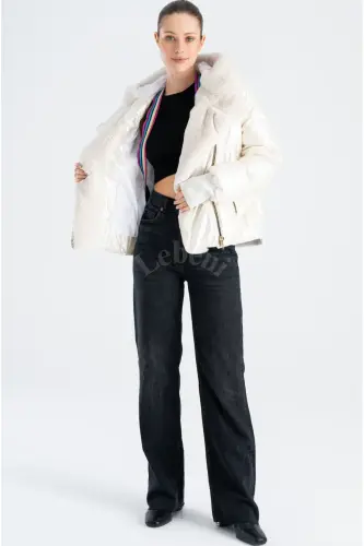 Women's Padded Jacket - Puffer Jacket Winter Furry Jacket Hooded Winter Jacket-Cream White Padded Jacket Fur Hooded - 4