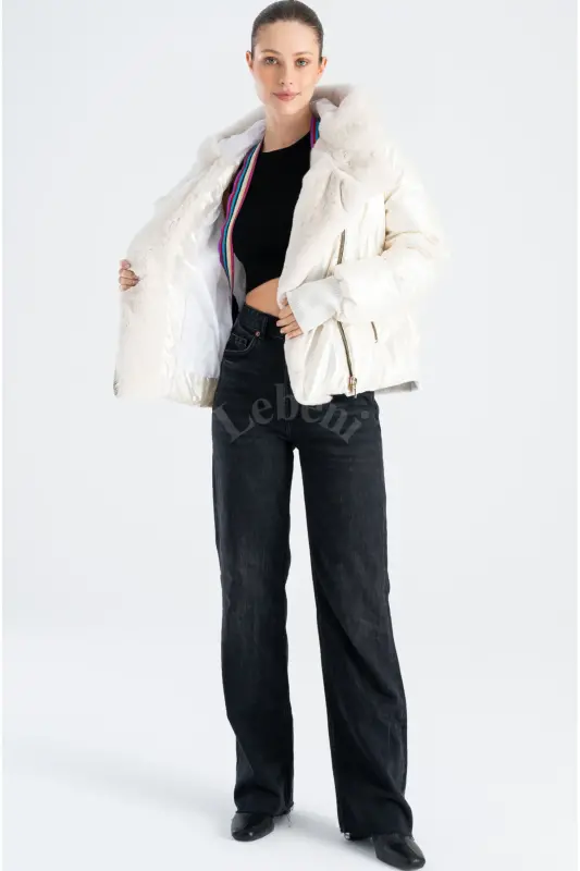 Women's Padded Jacket - Puffer Jacket Winter Furry Jacket Hooded Winter Jacket-Cream White Padded Jacket Fur Hooded - 4