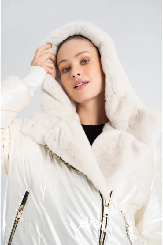Women's Padded Jacket - Puffer Jacket Winter Furry Jacket Hooded Winter Jacket-Cream White Padded Jacket Fur Hooded - 7