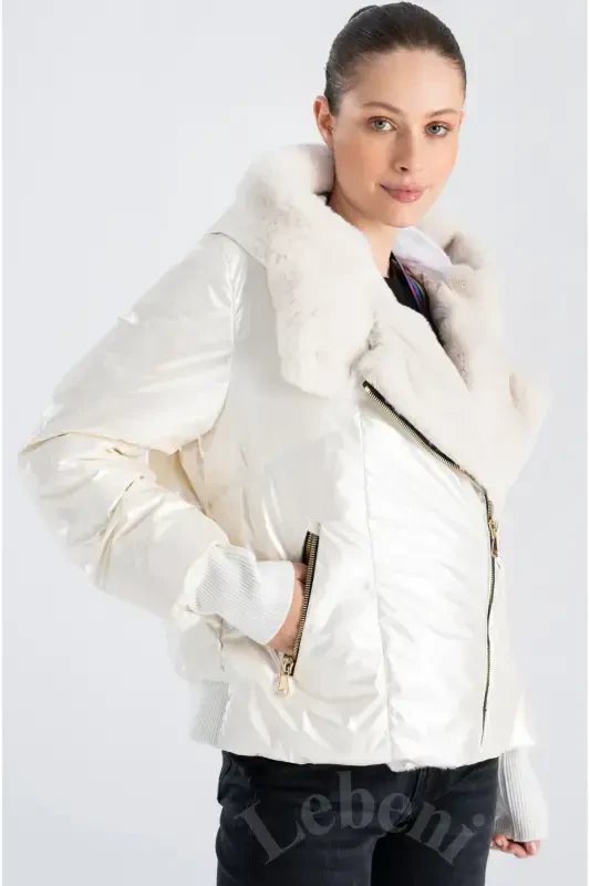 Women's Padded Jacket - Puffer Jacket Winter Furry Jacket Hooded Winter Jacket-Cream White Padded Jacket Fur Hooded - LEBENI