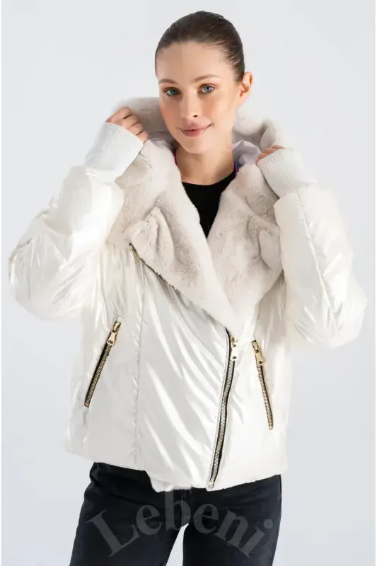 Women's Padded Jacket - Puffer Jacket Winter Furry Jacket Hooded Winter Jacket-Cream White Padded Jacket Fur Hooded - 5