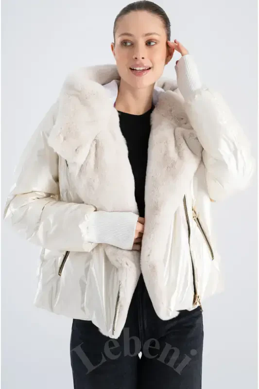 Women's Padded Jacket - Puffer Jacket Winter Furry Jacket Hooded Winter Jacket-Cream White Padded Jacket Fur Hooded - 6