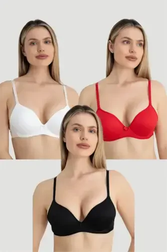 Women's Padded Push-up Underwire Bra 3-Piece Set Black White Red - 7