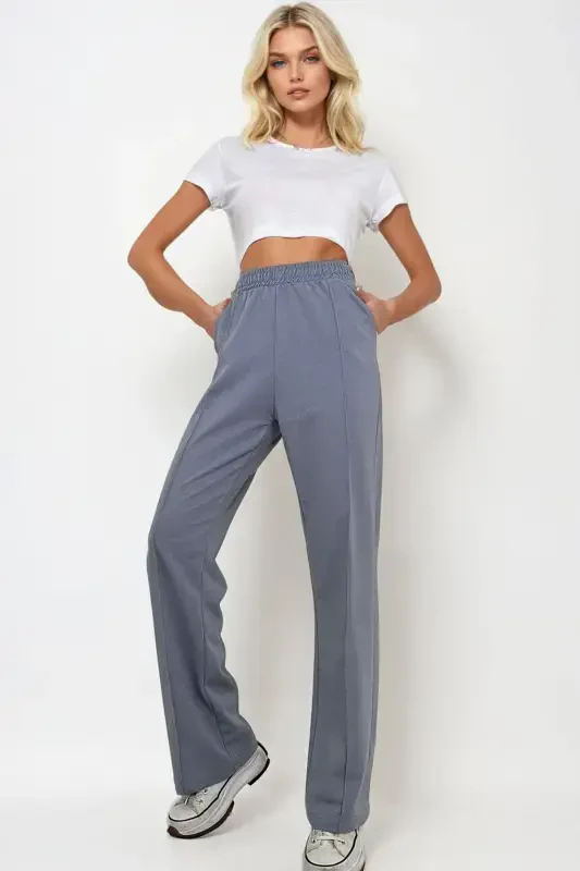 Women's Painted Grey High Waist Front Pinched Wide Leg Double Pocket Sweatpants ALC-X7957-Boyali Gri - TREND ALAÇATI STILI