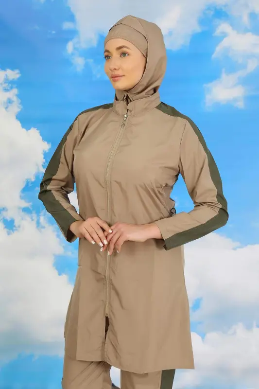 Women's Pant-Legged Arm Stripe Full Coverage Swimsuit Beige 31065 - 6