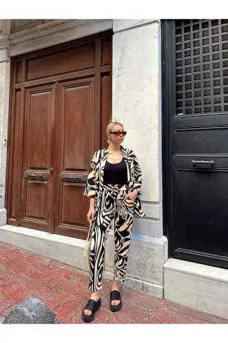 Women's Pants Allover Relaxed Fit Printed Kimono Pant Set-blackwhite - 4