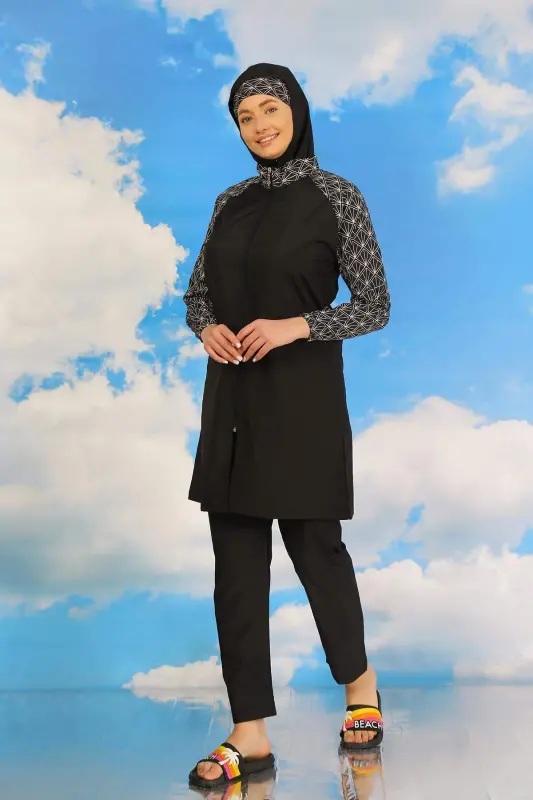 Women's Pants Patterned Full Covered Swimsuit Black 31072 - 2