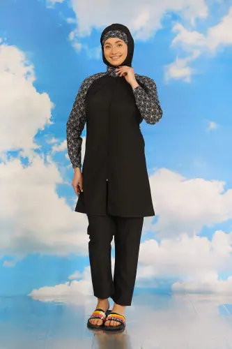 Women's Pants Patterned Full Covered Swimsuit Black 31072 - 5