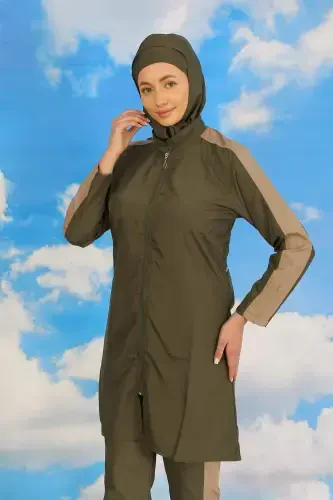 Women's Pants Sleeve Belt Modest Swimwear Khaki 31065 - BÜYÜKBEDENIZ (1)