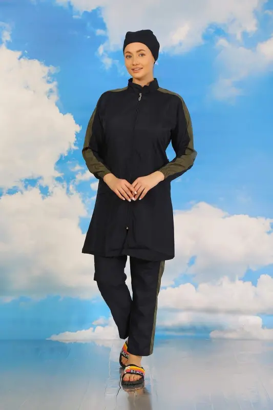 Women's Pants with Sleeve Stripe Full Coverage Swimsuit Navy Blue 31065 - BÜYÜKBEDENIZ