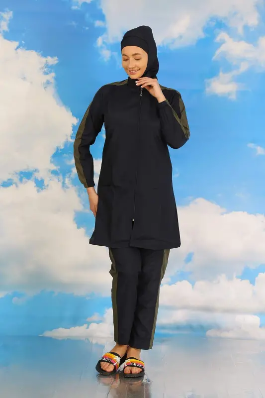 Women's Pants with Sleeve Stripe Full Coverage Swimsuit Navy Blue 31065 - 2