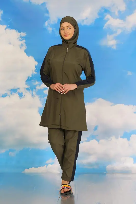 Women's Pantsuit Sleeve Strip Full Coverage Swimsuit Khaki 31066 - 1