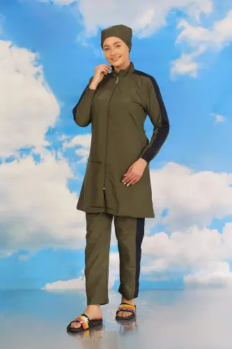 Women's Pantsuit Sleeve Strip Full Coverage Swimsuit Khaki 31066 - 4