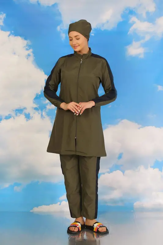 Women's Pantsuit Sleeve Strip Full Coverage Swimsuit Khaki 31066 - 6