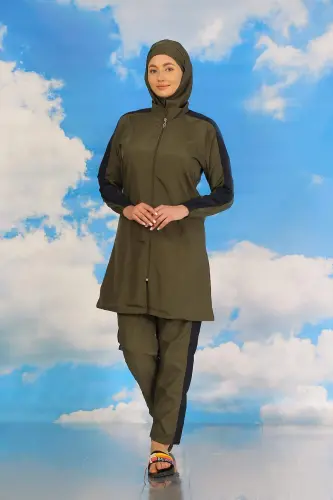 Women's Pantsuit Sleeve Strip Full Coverage Swimsuit Khaki 31066 - 1