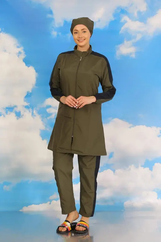 Women's Pantsuit Sleeve Strip Full Coverage Swimsuit Khaki 31066 - 2