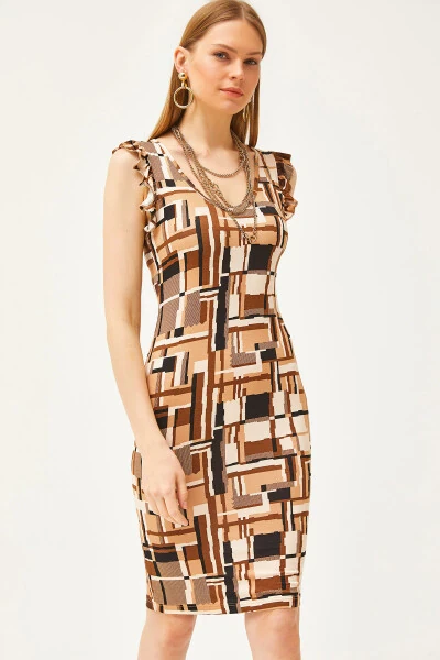 Women's Patch Coffee V-Neck Shoulder Frilled Crystal Viscose Dress ELB-19002060 - OLALOOK