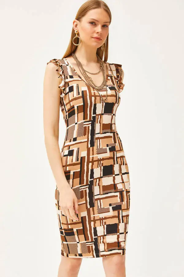 Women's Patch Coffee V-Neck Shoulder Frilled Crystal Viscose Dress ELB-19002060 - 1