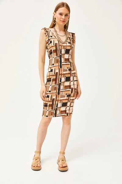 Women's Patch Coffee V-Neck Shoulder Frilled Crystal Viscose Dress ELB-19002060 - OLALOOK (1)