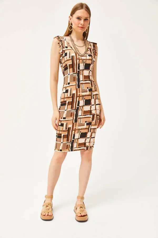 Women's Patch Coffee V-Neck Shoulder Frilled Crystal Viscose Dress ELB-19002060 - 2