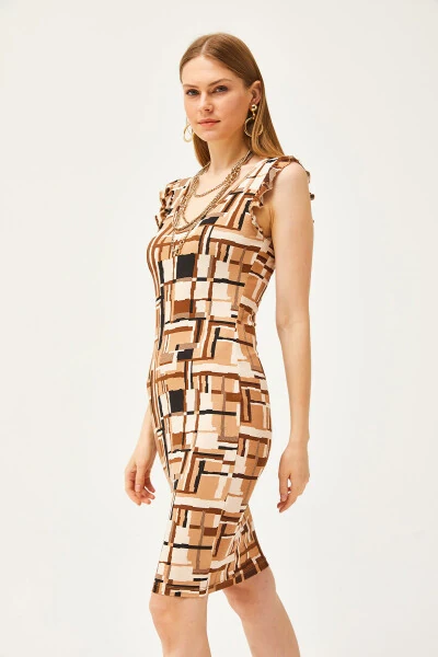 Women's Patch Coffee V-Neck Shoulder Frilled Crystal Viscose Dress ELB-19002060 - 3