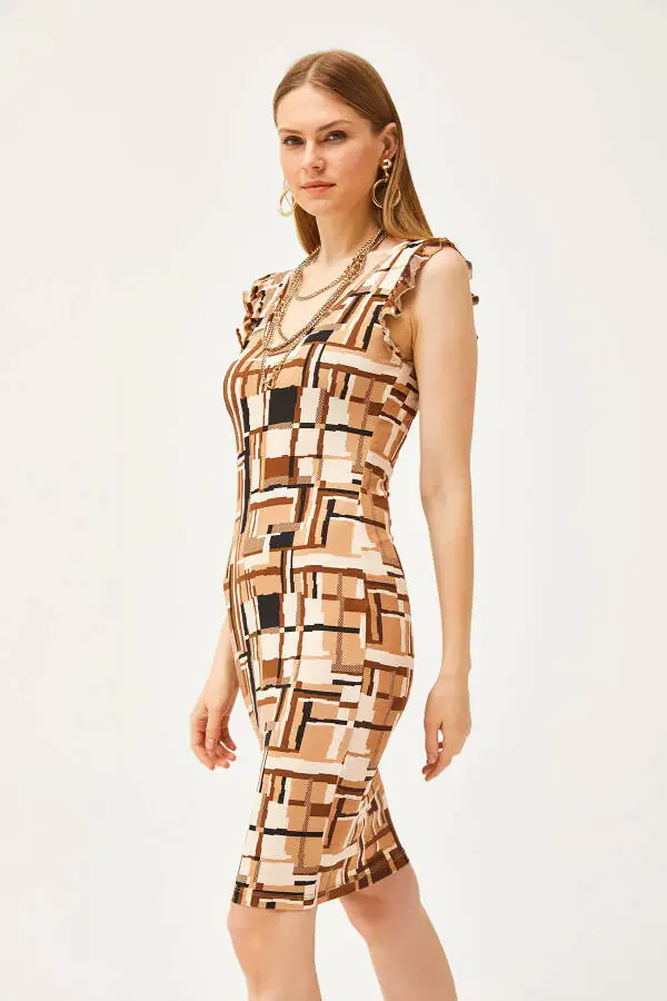 Women's Patch Coffee V-Neck Shoulder Frilled Crystal Viscose Dress ELB-19002060 - 3