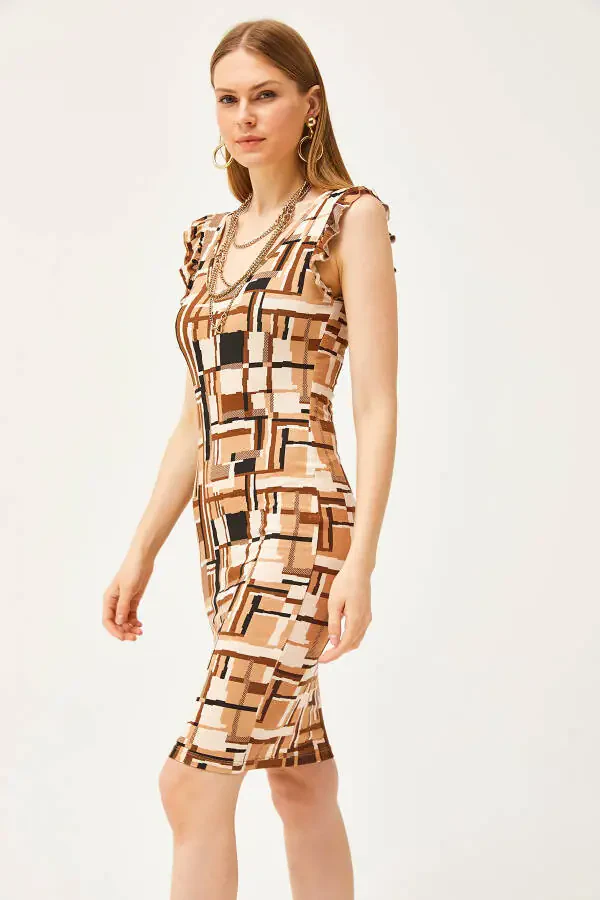 Women's Patch Coffee V-Neck Shoulder Frilled Crystal Viscose Dress ELB-19002060 - 4