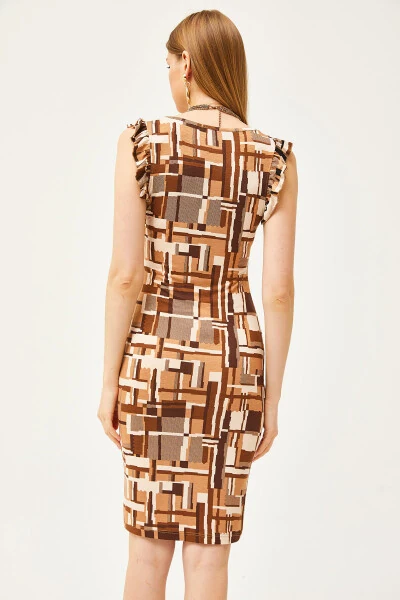 Women's Patch Coffee V-Neck Shoulder Frilled Crystal Viscose Dress ELB-19002060 - 5