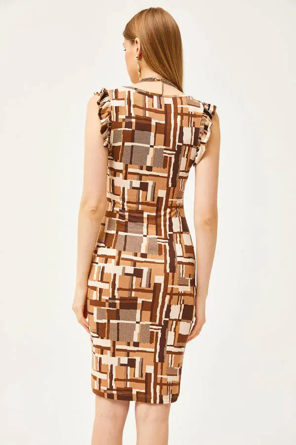 Women's Patch Coffee V-Neck Shoulder Frilled Crystal Viscose Dress ELB-19002060 - 5